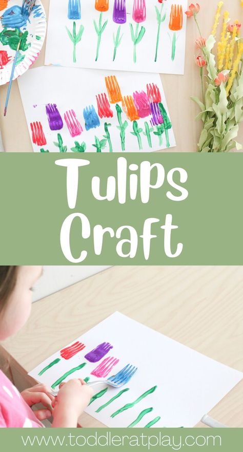 Gardening Week Toddlers, Springtime Art For Preschoolers, Fork Stamped Tulips Craft, Tulips Craft Preschool, Spring Ece Activities, Spring Provocations For Toddlers, Spring Has Sprung Crafts For Preschool, Plant Preschool Crafts, Simple Spring Crafts For Toddlers