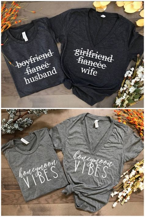 Girlfriend Fiancee Wife / Boyfriend Fiance Husband Newly Wed Shirt: http://www.confettidaydreams.com/newly-wed-honeymoon-shirts/ Honeymoon Vibes, Original Wedding Ideas, Gorgeous Wedding Makeup, Disney Honeymoon, Married Shirt, Newly Wed, Honeymoon Shirts, Cruise Wedding, Honeymoon Outfits