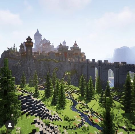 Castle On Hill Minecraft, Minecraft Hill Castle, Minecraft Cliff Builds, Minecraft Mountain Village Ideas, Minecraft Castle On Mountain, Minecraft Cliffside Castle, Minecraft Castle Bridge, Minecraft Underground Base Entrance, Minecraft Watchtower Ideas