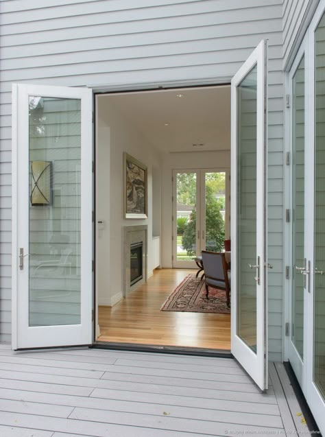 french doors on deck open to living room with doors aligned at front of house beyond French Doors To Deck, French Doors Design, Contemporary Garage Doors, Garage Door Ideas, Garage Door Types, Garage Door Styles, House Upgrades, French Doors Exterior, French Exterior