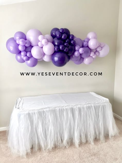 Balloon Cloud Garland, Where To Put Balloon Garland, How To Design Balloons For Birthday, Pink Purple White Balloon Garland, Purple White Balloon Garland, Small Balloon Garland On Wall, Baloon Decorations For Birthday Purple, Two Color Balloon Garland, Pink Purple And Silver Party Ideas