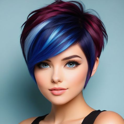 Fun Pixie Hair Color, Two Tone Pixie Cut, Hair Color For Short Hair Pixie, Foxy Hair Color, Sunset Hair Color Short, Purple And Pink Hair Color Ideas, Two Tone Short Hair, Colorful Pixie Cut, Colored Pixie Cut