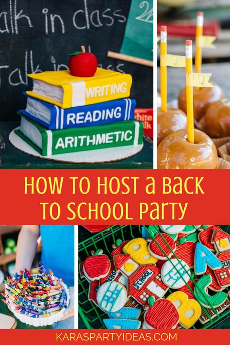 How to Host a Back to School Party via Kara's Party Ideas - KarasPartyIdeas.com Back To School Decorations Party, Back To School Bunco Theme, Back To School Food Party, Back To School Bash Games, New Teacher Party Ideas, Back To School Themed Party, Back To School Bash Activities, Back To School Party Activities, Back To School Party Ideas Decorations