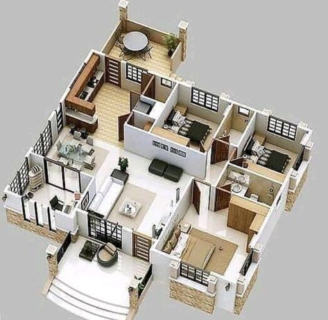 House designs. - Amazing 🔥 Small Modern Home Plans, Modern Home Design Plans, Small Modern Home Design, Floor Plan With Furniture, Small House Blueprints, Three Bedroom House Plan, 3d House Plans, House Outer Design, Small Modern Home