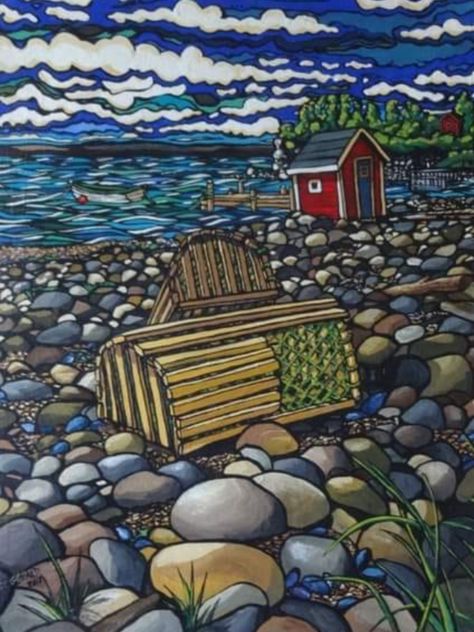 Newfoundland Paintings, Newfoundland Flowers, Newfoundland Scenery, Newfoundland Art, Seaglass Crafts, Folk Art Paintings, Row Houses, Boat Painting, Sea Glass Crafts