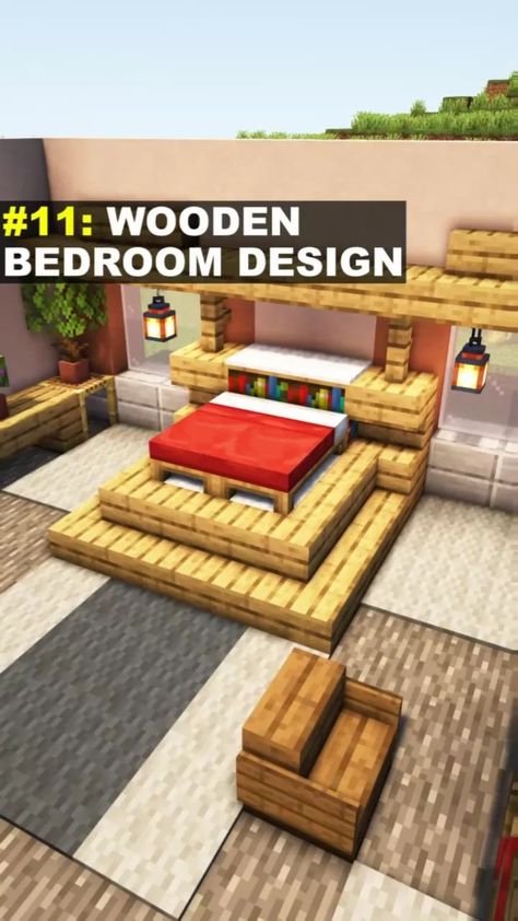 Minecraft Cool Ideas Survival, Minecraft Single Bed Ideas, Minecraft Building Ideas Bedroom, Wooden Bedroom Design, Minecraft Bedroom Designs, Minecraft Room Ideas In Game, Minecraft Bed Ideas, Bed Minecraft, Minecraft Bedding