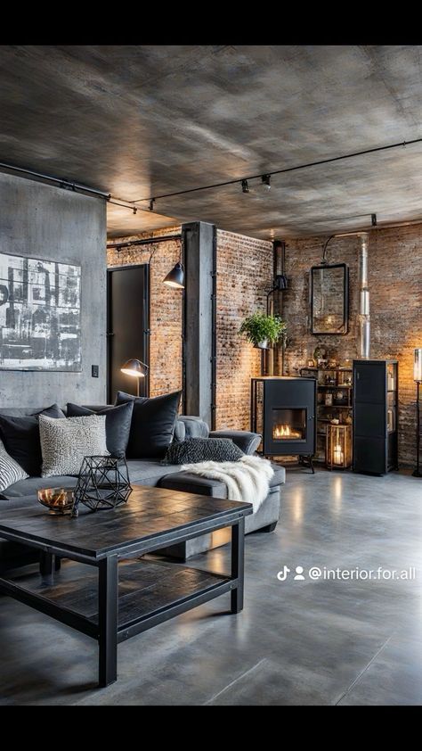 Industrial Living Room With Fireplace, Modern Industrial House Interiors, Apartment Interior Industrial, Industrial Cozy Living Room, Concrete Interior Design Living Room, Neo Industrial Interior, Modern Industrial Fireplace, Industrial Fireplace Ideas, Urban Industrial Living Room