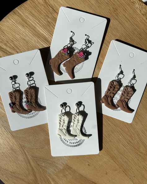 Made some more!! I am just obsessed I can’t stop! Boots -15$ Cows -20$ Hats -10$ Clay Cowboy Boot, Cowboy Boot Earrings, Boot Earrings, D I Y Crafts, Polymer Jewelry, Polymer Clay Flowers, Cowboy Boot, Wild West, Western Boots