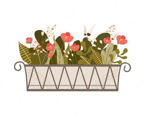 Flower Box Illustration, Dog Mural, Balcony Green, Pic Background, Vector Garden, Flowers Balcony, Basket Drawing, Window Plants, Balcony Flowers