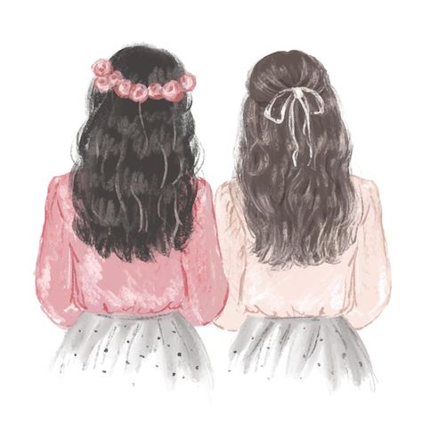 2 Sisters Drawing Easy, 2 Best Friends Drawing, Two Girls Best Friends, Beautiful Sister Quotes, Friendship Paintings, Pink Blouses, Sisters Drawing, Fireworks Photography, Best Friend Drawings