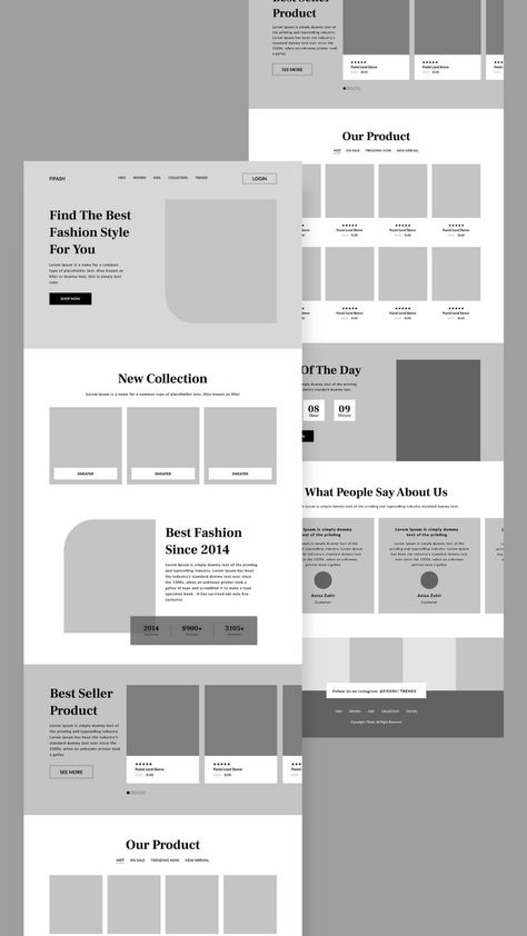 Fashion Ecommerce Wireframe Design | Landing page Template Wireframes For Website, Portfolio Wireframe Website Designs, Figma Wireframe Design, Web Designer Logo Ideas, E Commerce Landing Page Design, Web Wireframe Layout, Website Wireframe Design Inspiration, E Commerce Wireframe, Wireframe Ecommerce Website