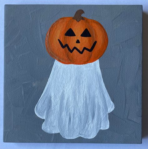 5"x5" Hand Painted Halloween Ghost with Pumpkin Head Canvas Painting This small ghost painting is the perfect addition to your fall/Halloween decor.  Hand painted on a 5"x5" canvas with acrylic paint, each painting is one of a kind.  A great gift for a friend or family member or perfect just for you! Paint Vibes, Pumpkin Canvas Painting, Ghost Paintings, Halloween Canvas Paintings, Ghost With Pumpkin, Art Mini Toile, Canvas With Acrylic Paint, Halloween Canvas Art, Hand Painted Halloween