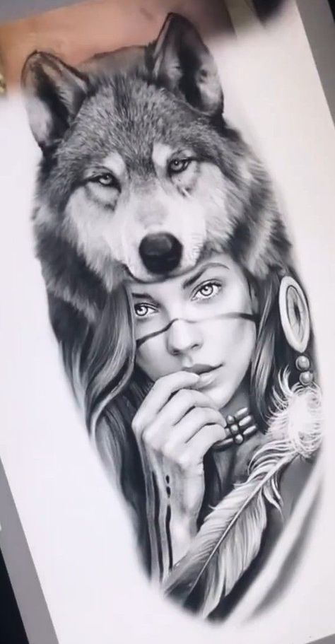 Wolf And Indian Woman Tattoo, Wolf Headress Tattoos Men, Wolf Leg Sleeve Tattoo Men, Indian Wolf Tattoos For Women, Wolf Queen Tattoo, Woman With Wolf Headdress Tattoo, Wolf Headdress Tattoo Design, Sleeve Egyptian Tattoo, Wolf And Woman Tattoo