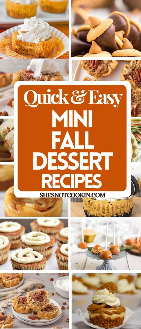 These mini fall desserts are almost too cute to eat! We've rounded up mini pumpkin cheesecakes, mini pecans pies and more for you to enjoy as we head into fall! They're perfect for potlucks and parties and family gatherings. Housewarming Party Dessert Ideas, Mini Pumpkin Pie Desserts, Mini Dessert For Thanksgiving, Easy Fall Desserts For Party, Mini Desserts For Fall, Bite Size Halloween Desserts, Mini Fall Desserts For Parties, Fall Mini Dessert Ideas, Thanksgiving Mini Desserts Easy