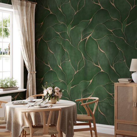 Abstract Green Leaves With Gold Lines Wallpaper, Luxury Emerald Peel & Stick Wall Mural | Muralium Green Powder Room, Emerald Green Wallpaper, 3d Wallpaper Art, Girls Room Wallpaper, Green Accent Walls, Powder Room Wallpaper, Wallpaper Luxury, Neutral Wallpaper, Lines Wallpaper