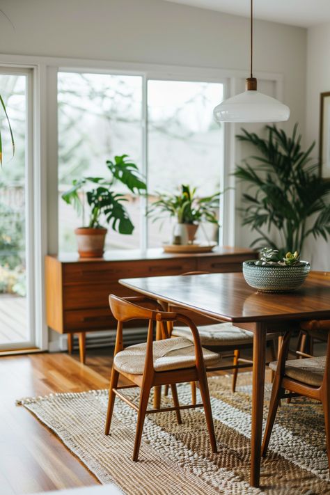 Minimal Dining Room Ideas, Diy Mid Century Modern Table, Dining Chairs Mid Century Modern, Mid Century Wooden Furniture, Dinning Room Ideas Mid Century Modern, Dining Room Table Mid Century Modern, Mid Century Modern And Farmhouse, Mid Century Modern Dining Room Rug, Colonial Mid Century Modern