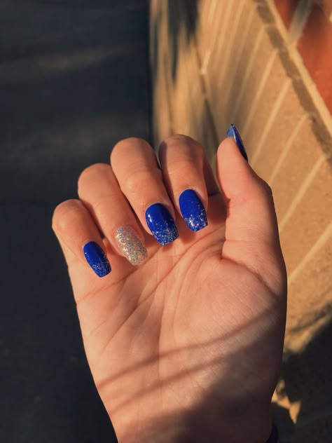 Royal Blue And Glitter Nails, Royal Blue Toenails, Royal Blue Nails With Silver Glitter, Royal Blue Disney Nails, Dark Blue And Glitter Nails, Blue Nails For Prom Short, Nails To Match Royal Blue Prom Dress, Royal Blue Natural Nails, Nail Ideas For Royal Blue Dress