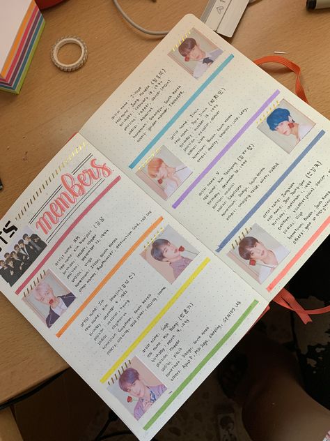 Kpop Journal, BTS members information Bts Journal, Bullet Journal Cover Ideas, Bullet Journal Notes, Kpop Journal, Diy Journal Books, Bullet Journal Mood, Bullet Journal Diy, Bullet Journal Aesthetic, Bullet Journal Design Ideas