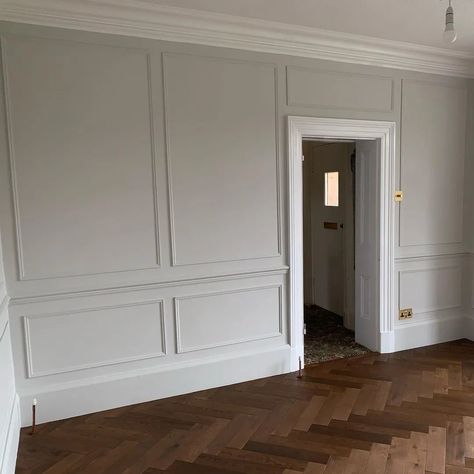 Light Grey Panelling, Little Greene French Grey, Kitchen Panelling, French Grey Interiors, French Grey Paint, Light Grey Paint, Living Room Victorian, Grey Woodwork, Grey Painted Walls