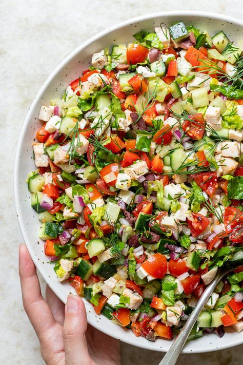 Finely Chopped Greek-Inspired Chicken Salad Small Chopped Salad, Low Calorie Chopped Salad Recipes, Greek Salad Chopped, Chic Salad Recipes, Simple Chopped Salad Recipes, Chopped Mediterranean Salad, Medatrainian Salad, Greek Salad With Chickpeas, Finely Chopped Salad