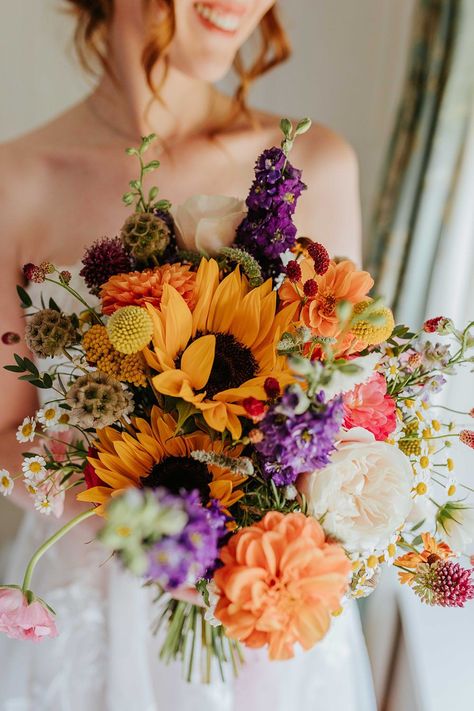 Colourful Sunflower Bouquet, Trendy Wedding Bouquets, Wildflower Bouquet With Sunflowers, Sunflower And Lavender Wedding Bouquet, Yellow Dahlia Bouquet, Pink Sunflower Wedding, Whimsical Wedding Bouquet Wildflowers, Spring Wedding With Sunflowers, Farm Wedding Bouquet