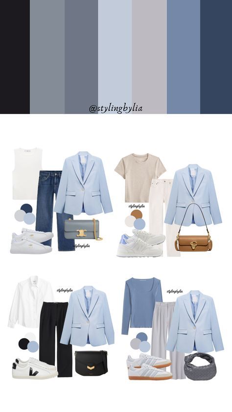 Light Summer Fashion Style, Blue Inspo Outfit, Colorful Blazer Outfits Casual, Summer Color Outfits Fashion Ideas, Blazer Color Combination Women, Blue Grey Outfits Women, Jeans Combinations Women, Light Blue Work Outfit, Sky Blue Color Combinations Outfit