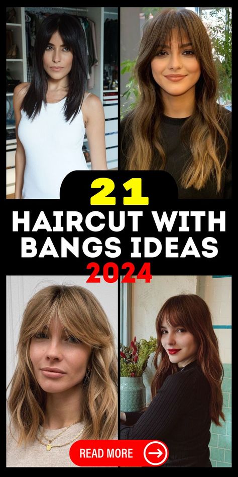 Haircut with Bangs 2024 21 Ideas: Trending Short, Medium, and Long Styles Bangs 2024 Trends, Fresh Haircut Women, Medium Wolfcut, Jawline Bob, Trendy Mullet, Bangs 2024, Shaggy Bangs, Hair Color 2024, Elegant Short Hair