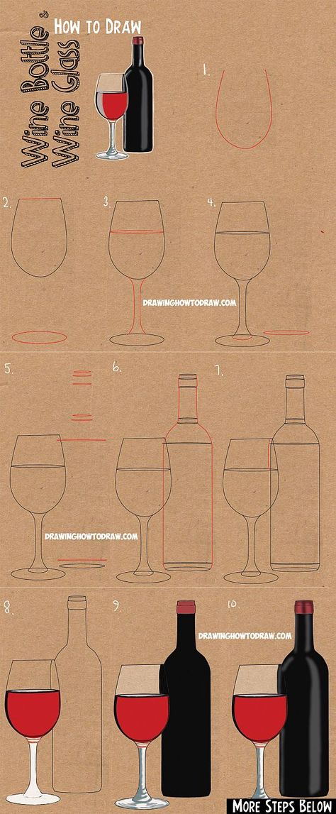 How to Draw a Bottle of Wine and Glass of Wine : Easy Step by Step Drawing Lesson How To Draw A Bottle Of Wine, How To Draw A Glass Of Wine, Wine Drawing Easy, Wine Painting Canvas Easy, Wine Drawing Sketches, Bottle Of Wine Drawing, Glass Of Wine Drawing, Wine Bottle Drawing, Bottle Sketch