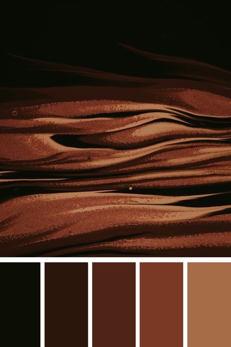 This rich, earthy palette combines deep shades of black olive and espresso with warm tones of burnt sienna and bronze, accented by a touch of copper. Ideal for creating a sophisticated and grounded design. Black And Copper Color Palette, Tavern Color Palette, Brown Color Pallet, Black And Brown Color Palette, Chocolate Color Palette, Camel Color Palette, Copper Color Palette, Earthy Tones Aesthetic, Warm Brown Color Palette