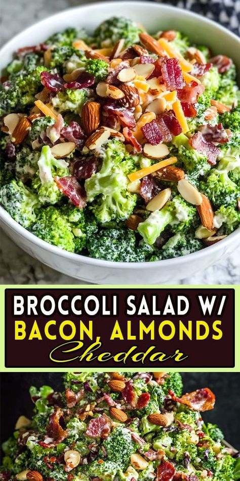 This Broccoli Salad with Bacon, Almonds, and Cheddar is a crunchy, creamy treat! Perfect for picnics or potlucks, it’s packed with flavor and easy to make. 🥦🥓 #BroccoliSalad #BaconLovers #PotluckRecipes #HealthySalads Broccoli Salad With Cheese, Broccoli Bacon Salad Recipe, Crunchy Broccoli Salad, Broccoli Salad With Bacon, Easy Broccoli Salad, Salad Sides, Broccoli Salad Bacon, Delicious Vegetarian Recipes, Christmas Sides