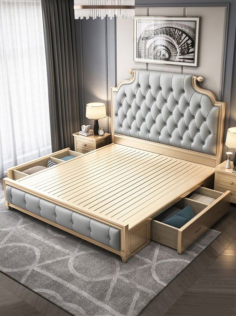 This storage bed has drawers on the side, solid wood bed frame, firm and no abnormal noise, and the headboard is designed with pull points, which is more advanced Bedroom Sets Furniture Queen, Bed Furniture Set, Luxury Headboard, Wooden King Size Bed, Bed Designs With Storage, King Style, Single Bed Mattress, Wooden Bed Design, King Bedroom Sets