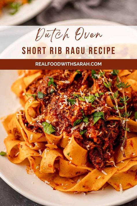 Get ready to impress with this Short Rib Ragu. It's made with beef short ribs that are pan-seared and then simmered in a rich and savory tomato sauce until they are tender enough to fall off the bone. Serve over fresh pappardelle and enjoy every bite of this unbelievably delicious meat sauce. Braised Short Rib Ragu, Beef Chuck Short Ribs, Short Rib Ragu, Braised Short Ribs Recipe, Rib Sauce, Beef Short Rib Recipes, Ragu Recipe, Short Ribs Recipe, Short Rib