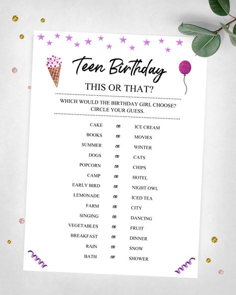 Teen Birthday This Or That? Girl Birthday Game. Instant Digital Download. Printable Game Keepsake. https://etsy.me/3bLxwD2 #birthday #birthdaygame #teenbirthdaygame #teenthisorthat #teenbirthdaygames #birthdaygames #thisorthatgame Games At Birthday Party, Bday Games For Teens, Birthday Challenge Ideas, Fun Games For Birthday Parties, Games For Birthday, Birthday Party Set Up Ideas, Birthday Games Ideas, Game For Birthday Party, Games For Birthday Party