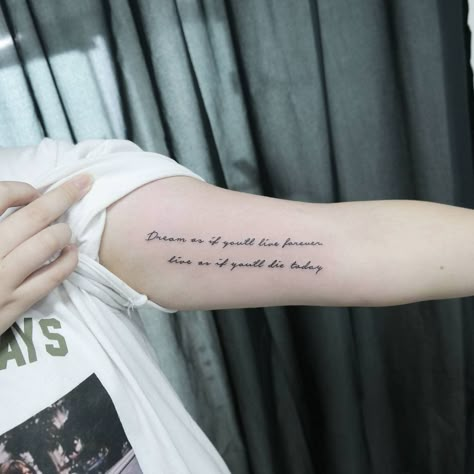 Arm Quote Tattoos | POPSUGAR Smart Living Arm Quote Tattoos, Inside Of Arm Tattoo, Quote Tattoos Placement, Wörter Tattoos, Mother And Son Tattoo, Tattoos Cross, Tattoo Quotes For Men, Blue Homecoming Nails, Inner Arm Tattoos