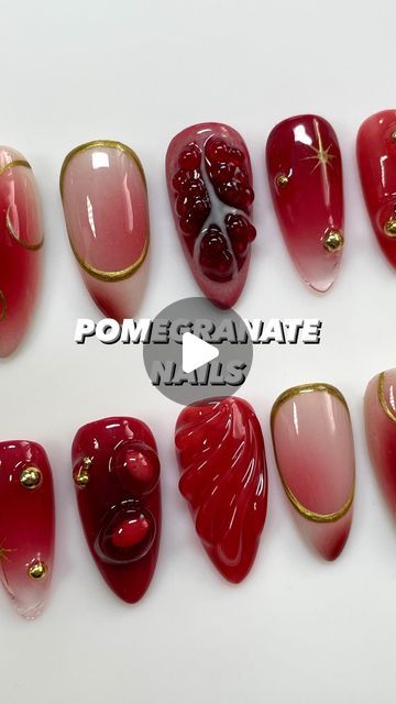 Pomegranate Nail Art, Accent Nails Ideas, Persephone Nails, Innerbloom Nails, Pomegranate Nails, Fairy Nails, Fruit Nail, Fruit Nail Art, Vibrant Nails