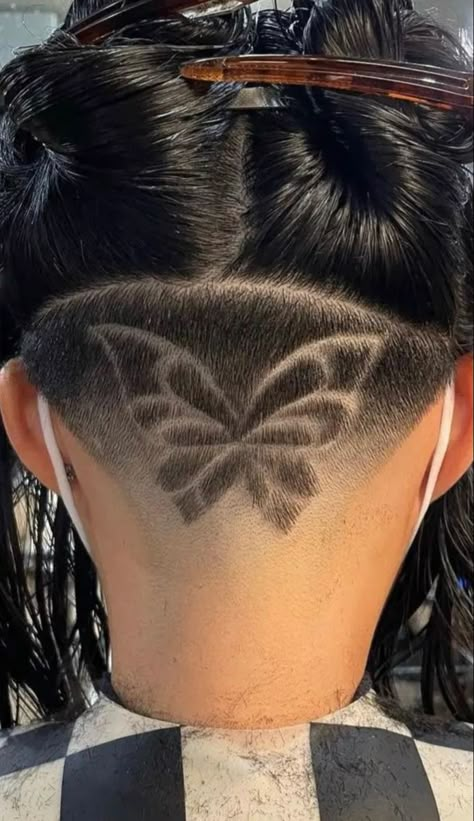 Butterfly Shaved Hair Design, Cool Undercut Designs For Women, Girly Undercut Designs, Undercut With Heart Design, Colorful Undercut Designs, Under Hair Shaved Designs For Women, Butterfly Undercut Designs, Womans Undercut Hair Designs, Designs For Undercut