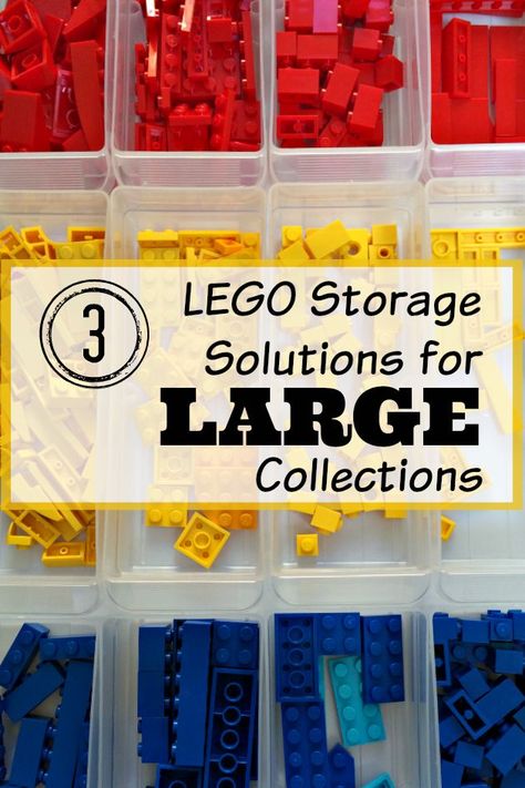 3 LEGO Storage Solutions for Large Collections Lego Sorting, Lego Storage Solutions, Lego Storage Organization, Lego Storage Ideas, Lego Minifigure Display, Lego Organization, Lego Kits, Lego Table, Lego Display