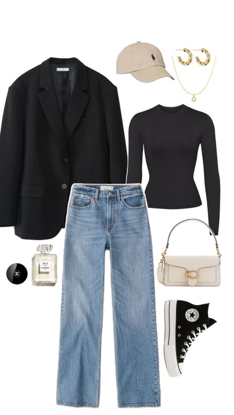 Black Jeans Outfit Spring, Long Blazer Outfit, Black Jacket Outfit, Straight Jeans Outfit, Coach Outfits, Office Jacket, Ralph Lauren Cap, Black Blazer Outfit, Spring Outfit Idea