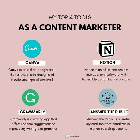 Top 4 Content Marketing Tools. 1. Canva 2. Notion 3. Grammarly 4.Answer The Public Content Creator To Do List, Art Management Aesthetic, Pr Marketing Aesthetic, Digital Marketing Job Aesthetic, Social Media Marketing Job Aesthetic, Digital Marketing Career Aesthetic, Digital Marketing Aesthetic Job, Digital Content Creator Aesthetic, Social Media Marketing Aesthetic Job