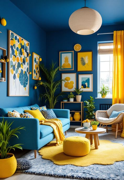 Blue and Yellow Boho Decor Blue Walls Yellow Curtains, Yellow And Blue Interior Design, Blue Yellow Office, Blue And Yellow Living Room Color Scheme, Royal Blue Living Room Decor, Yellow And Blue Living Room, Yellow Living Room Colors, Blue And Mustard Living Room, Yellow Playroom