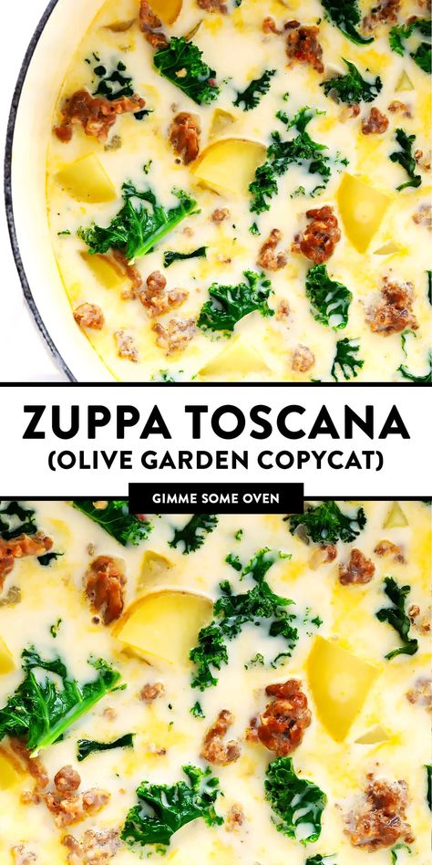 The BEST Zuppa Toscana soup recipe, inspired by the Olive Garden! This creamy soup is full of Italian sausage, potatoes and kale, it's easy to make, naturally gluten-free, and SO delicious! | gimmesomeoven.com #soup #italian #sausage #potato #kale #dinner #glutenfree Zupa Toscana, Sausage Soup Recipes, Toscana Soup, Salad Pasta, Sausage Soup, Fall Soups, Easy Soups, Olive Garden, Easy Soup Recipes