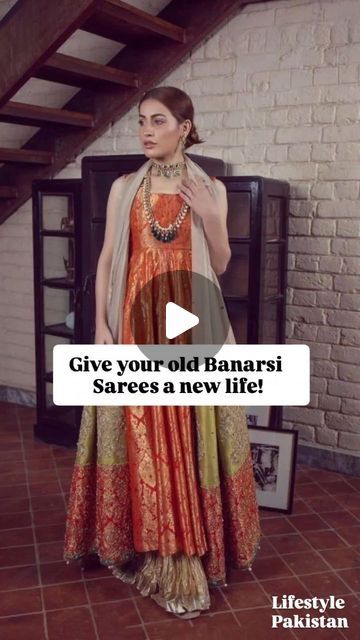 Trending Diwali Outfits 2024, Outfits From Banarasi Saree, Banarasi Saree Dress Design Ideas, Banarasi Indo Western Outfits, Banarasi Sharara Suits, Outfit From Banarasi Saree, Banarasi Saree Outfit, Lehenga Designs From Saree, 2024 Indian Fashion Trends