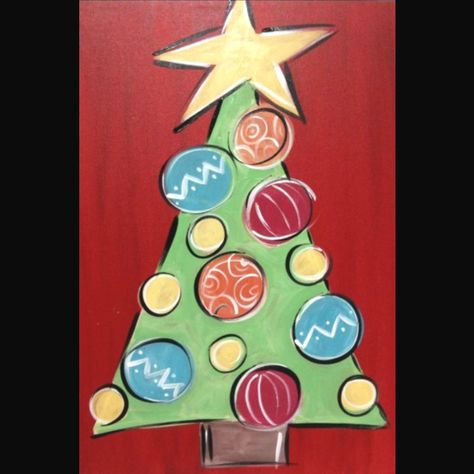 Cute tree Beginners Painting, Christmas Canvas Art, Christmas Paintings On Canvas, Easy Canvas, Christmas Tree Painting, Holiday Painting, Easy Canvas Painting, Canvas Ideas, Canvas Easy