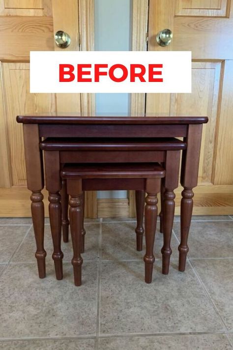 Turn old outdated nesting tables into farmhouse delight with this painted furniture DIY project. Upcycled furniture is the best way to decorate on a budget so check out the before and after photos of this furniture flip. #diy #nestingtable #makeover Stacking Tables Living Rooms, Refurbished Nesting Tables, How To Style Nesting Tables, Small Table Redo Furniture Makeover, Painting Small Tables Ideas, Nesting Table Decor, Nest Tables Upcycled, Antique Nesting Tables, Side Table Upcycle Diy Projects