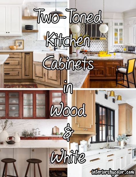 White Uppers Stained Lowers Kitchen, White Rustic Cabinets Kitchen, Two Tone Farmhouse Kitchen Cabinets, White Brown Kitchen Cabinets, Stained And Painted Kitchen Cabinet Combo, White Cabinets With Wood Accents, Brown Lower Cabinets White Upper, Two Tone Cabinets Color Combos Wood, Two Tone Stained Kitchen Cabinets