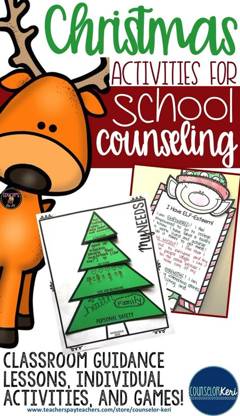 Christmas activities for elementary school counseling - classroom guidance lessons, individual activities, self esteem activities, games, and more! -Counselor Keri Christmas Activities For Elementary, Counseling Crafts, Christmas Therapy, Social Work Activities, Counselor Keri, Counseling Classroom, Counseling Games, Coping Skills Activities, School Counseling Activities