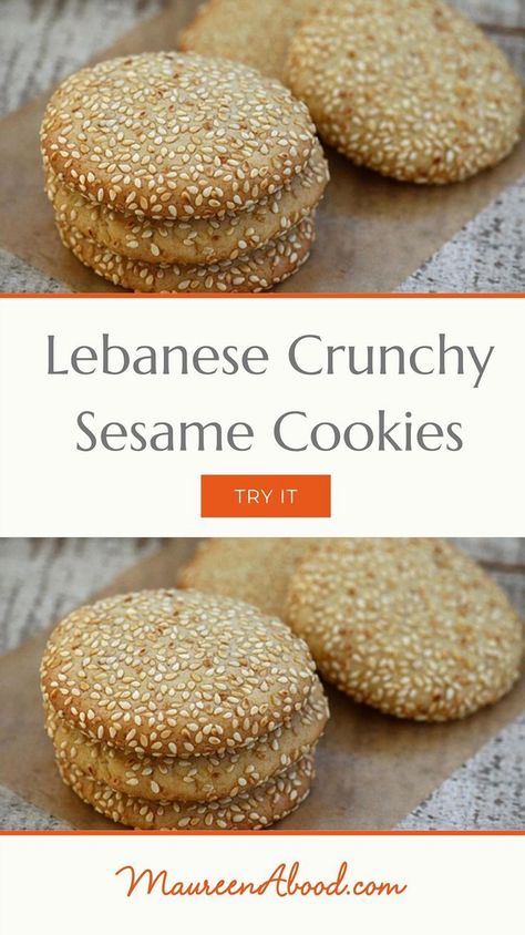 Indulge in the rich flavors of Lebanon with these crispy sesame delights. Perfectly golden and irresistibly crunchy, these treats offer a delightful blend of nutty sesame seeds and aromatic spices. Whether you're hosting a gathering or simply craving a unique snack, these Lebanese-inspired bites promise to transport your taste buds to the vibrant streets of Beirut. Easy to make and even easier to enjoy, they're a must-try for anyone looking to explore the world of Middle Eastern cuisine. Sesame Biscuits Recipes, Greek Sesame Cookies, Sesame Cookies Chinese, Sesame Seed Dessert, Lebanese Cookies Recipes, Sesame Dessert Recipes, Seed Cookies Healthy, Mediterranean Cookies, Lebanese Cookies