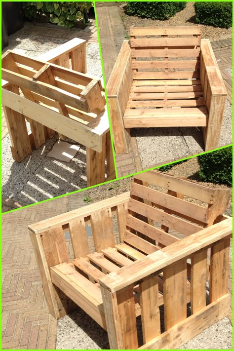 Wooden Benches, Pallet Chair, Pallet Garden Furniture, Wooden Garden Furniture, Wooden Pallet Furniture, Pallet Designs, Pallet Creations, Pallet Outdoor, Recycled Pallets