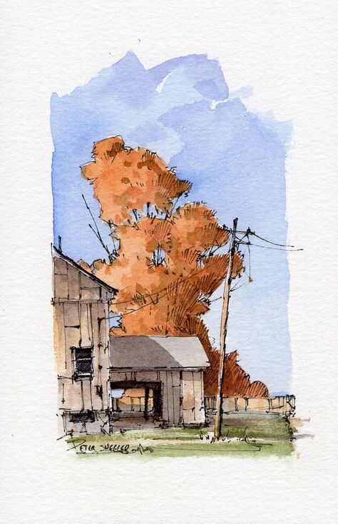 Line And Wash Watercolor, Peter Sheeler, Watercolour Tutorial, Watercolor House Painting, Oil Painting Background, Line And Wash, Pen And Wash, Painting Ideas For Beginners, Watercolor Architecture