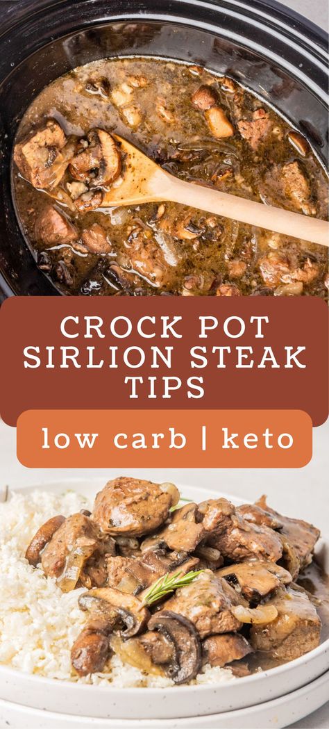 Learn how to make my sirloin steak tips, complete with tender meat, portobello mushrooms, and umami beef broth! They're delicious served on a bed of keto "mashed potatoes," low carb veggies, or a thick slice of gluten free bread. slow cooker recipes | crock pot recipes | steak bites | best of low carb yum Steak Recipe Crockpot, Keto Mashed Potatoes, Bread Slow Cooker, Sirloin Steak Tips, Crock Pot Steak, Crockpot Keto Recipes, Crockpot Steak Recipes, Dinner Recipes Low Carb, Low Carb Crock Pot